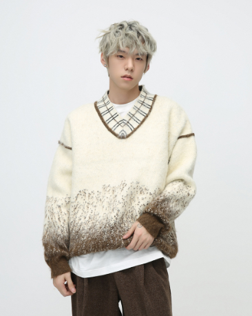 Polka Dot Gradient V-neck Sweater with Embellishments