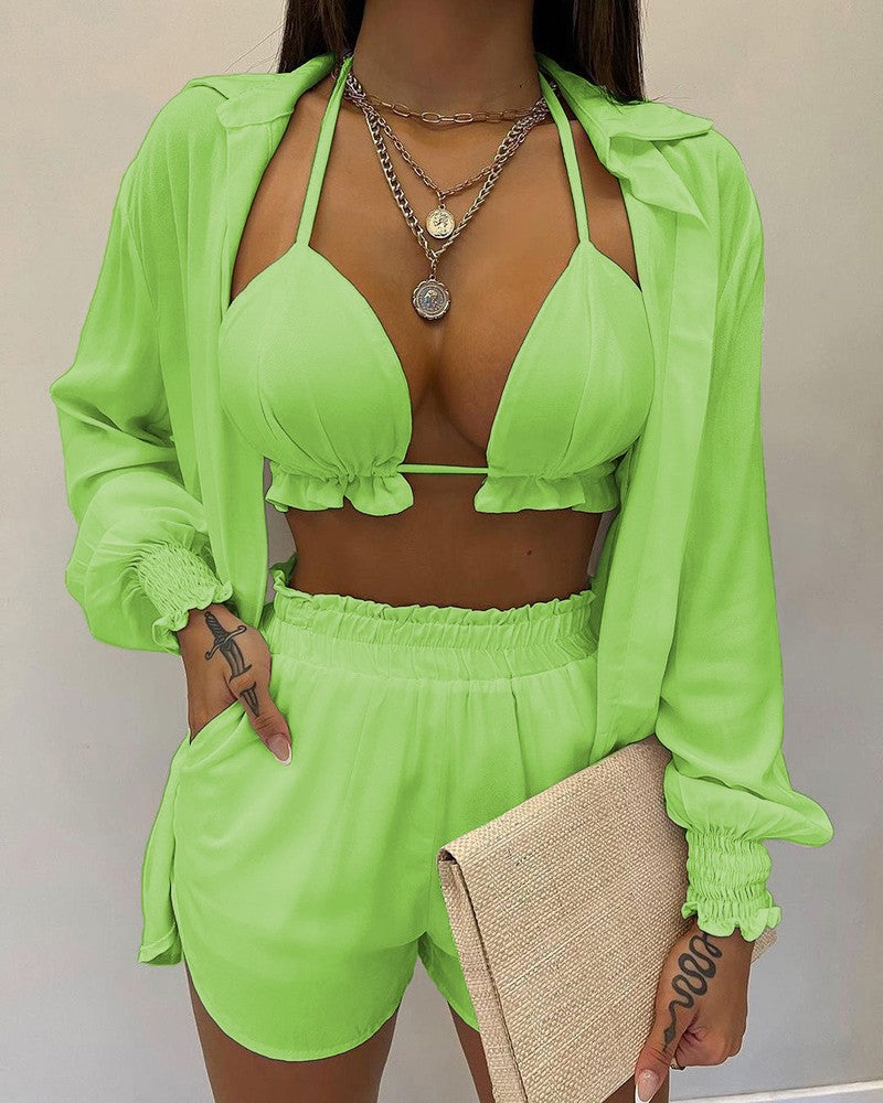 Tropical Print Lantern Sleeve Shirt and Shorts Set