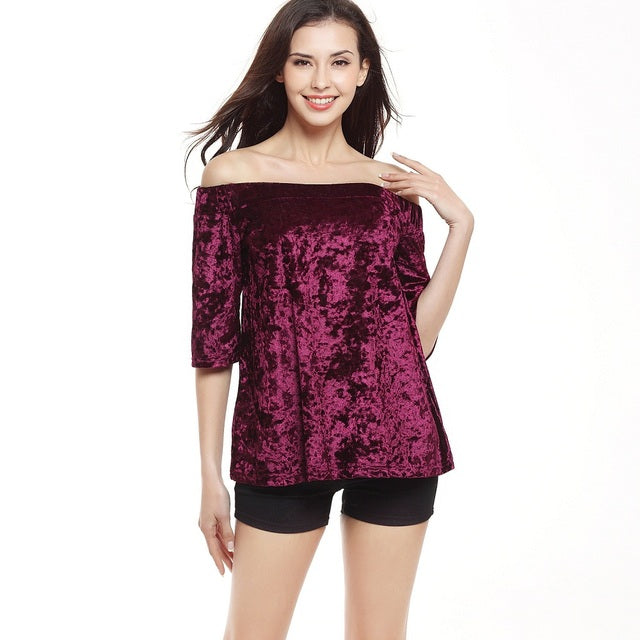 Fashion Women's Velvet Slash Neck T-Shirt for Summer