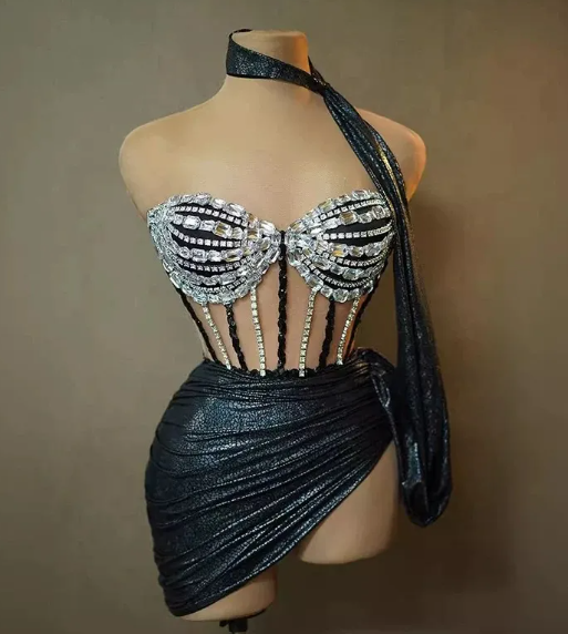 Women's Spandex Tube Top Rhinestone Chain Two-Piece Skirt Set