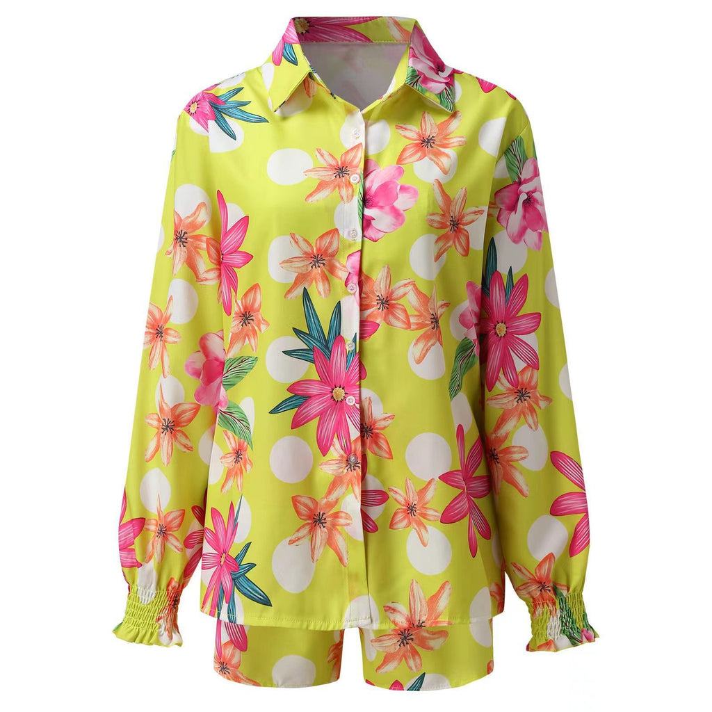 Tropical Print Lantern Sleeve Shirt and Shorts Set