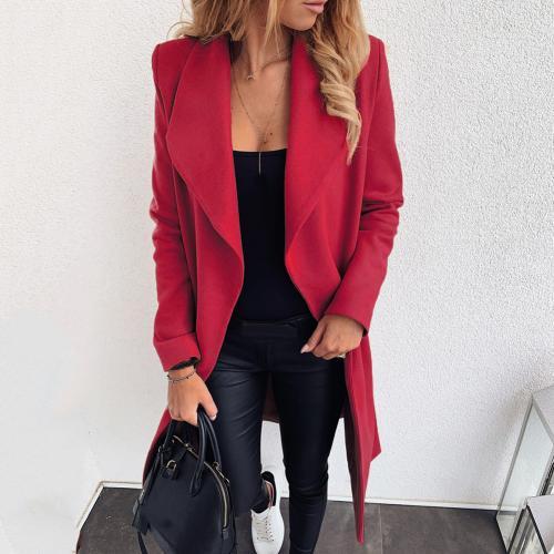 Women's Solid Color Wool Coat with Lace-Up Lapel