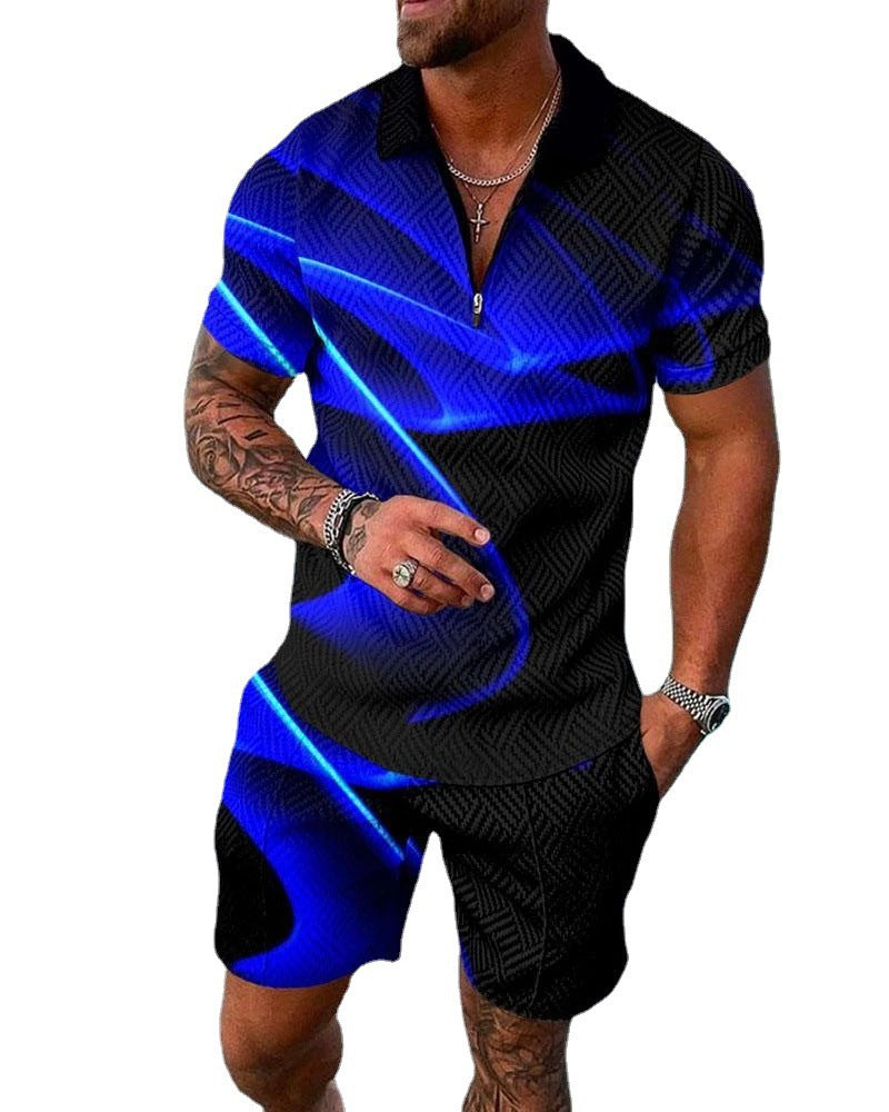 Men's Casual 3D Printed Polo Shirt and Shorts Set