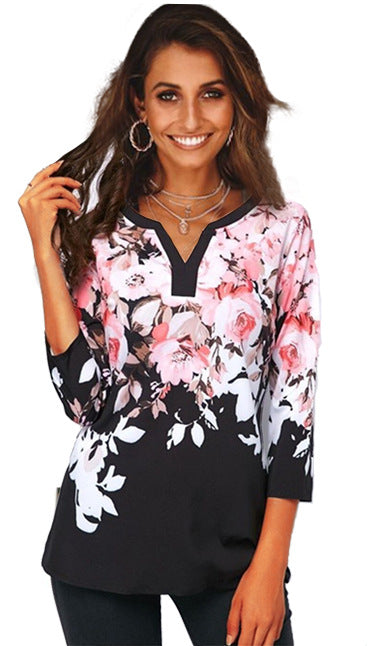 European Women's T-Shirt, V-Neck Printed Top