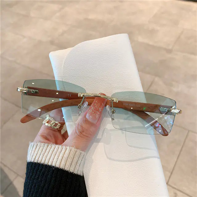 Frameless Wood Grain Retro Sunglasses UV400 for Travel