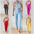 Slim-Fit Solid Color High-Waist Casual Pants