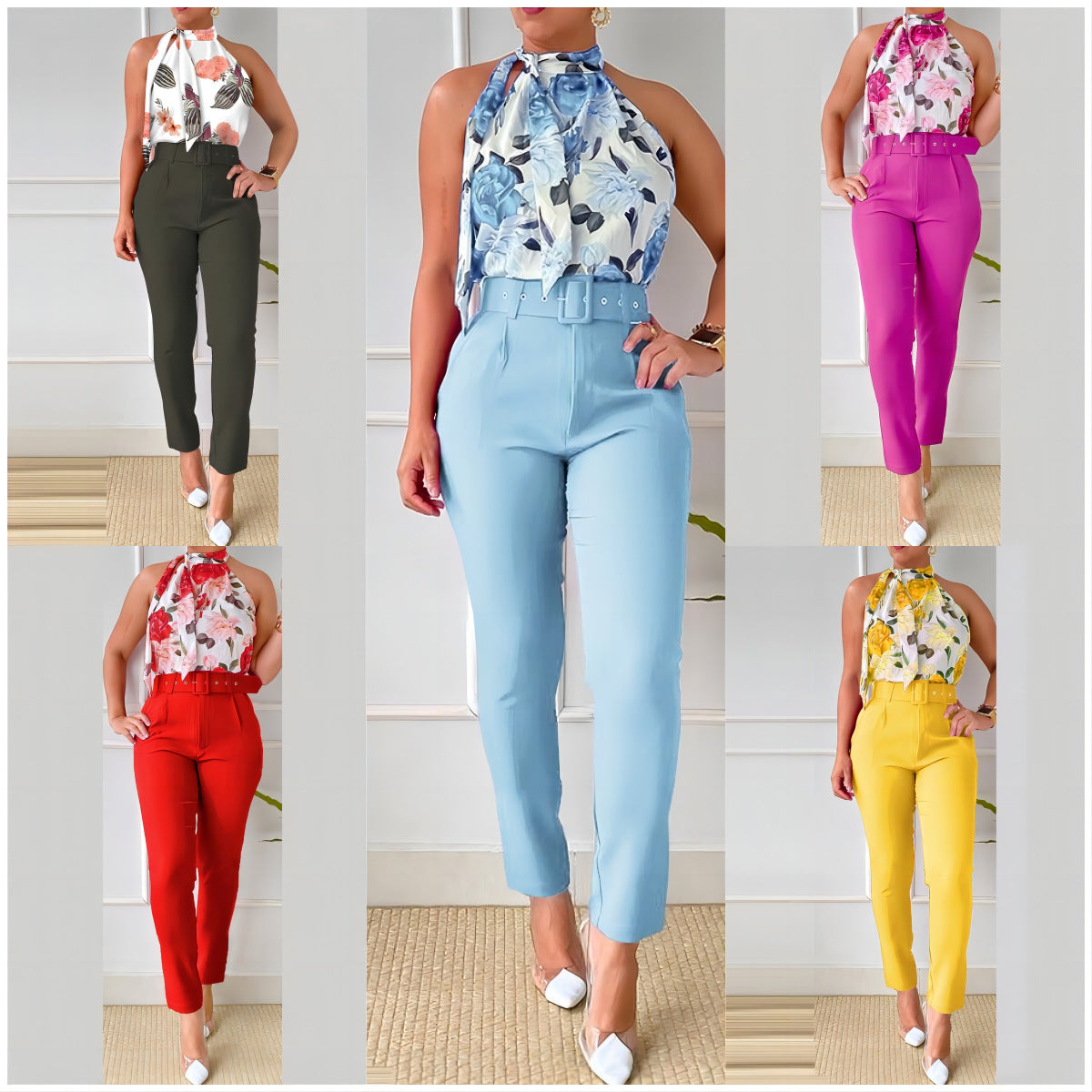Slim-Fit Solid Color High-Waist Casual Pants