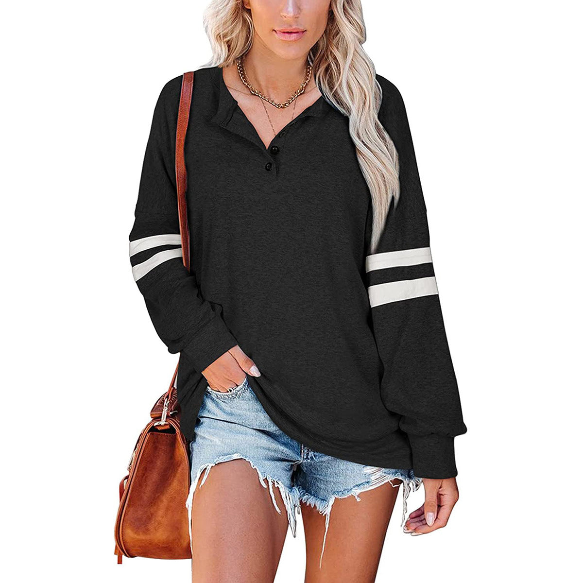 Striped Long-Sleeved V-Neck T-Shirt Sweater for Women