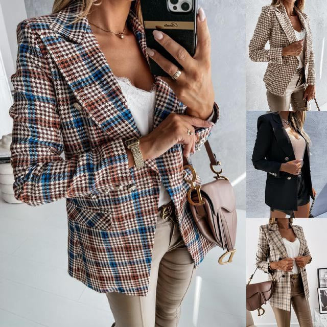 Plaid Jacket with Lapel and Long Sleeve Buttons
