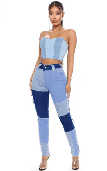 High Rise Patchwork Skinny Jeans with Slash Pockets