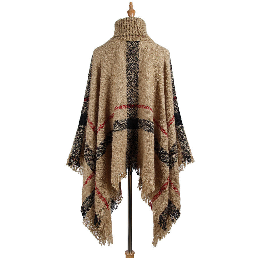 Knit Sweater with Turtleneck and Fringe Cape Design