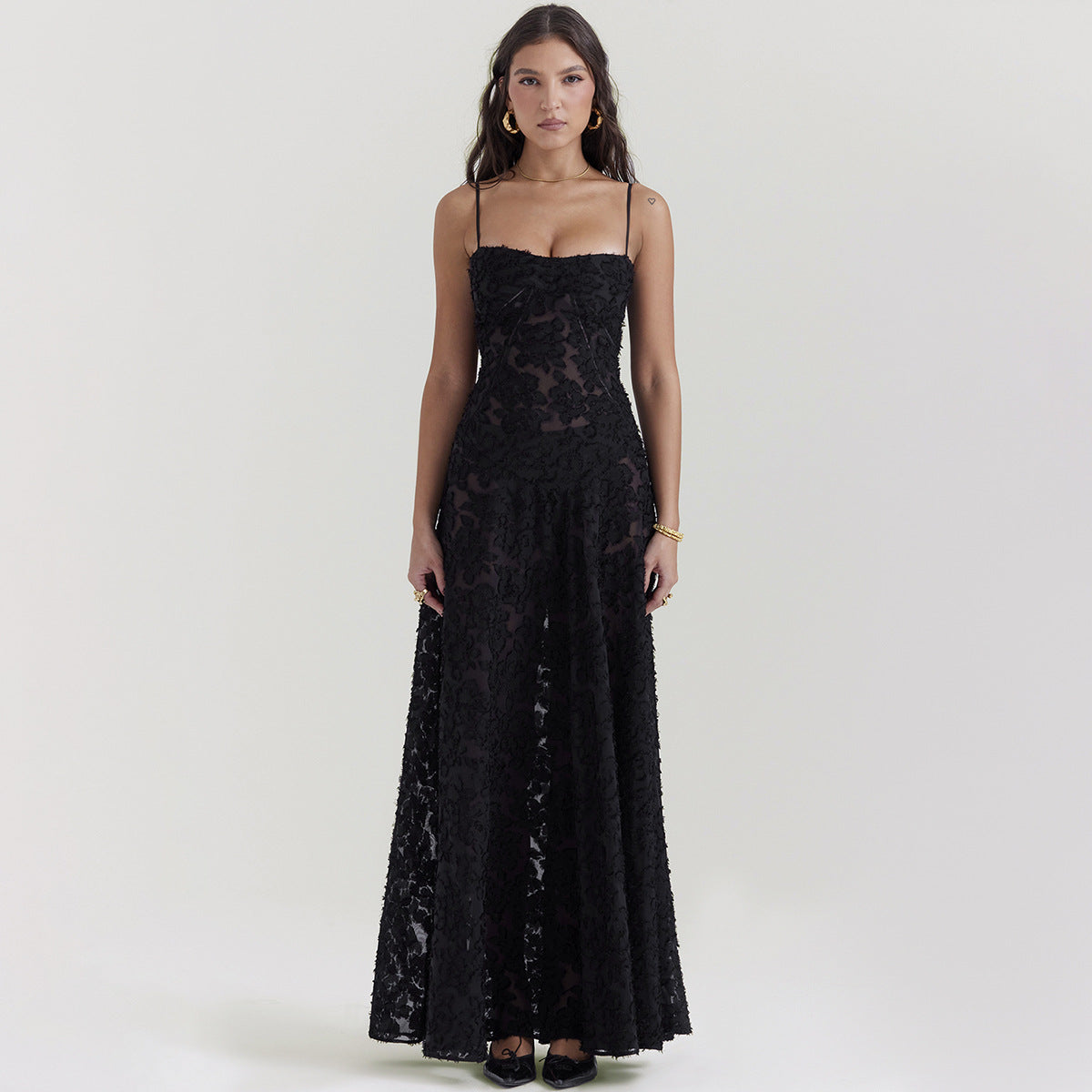 New Sexy Black Sheer Backless Dress Evening Gown