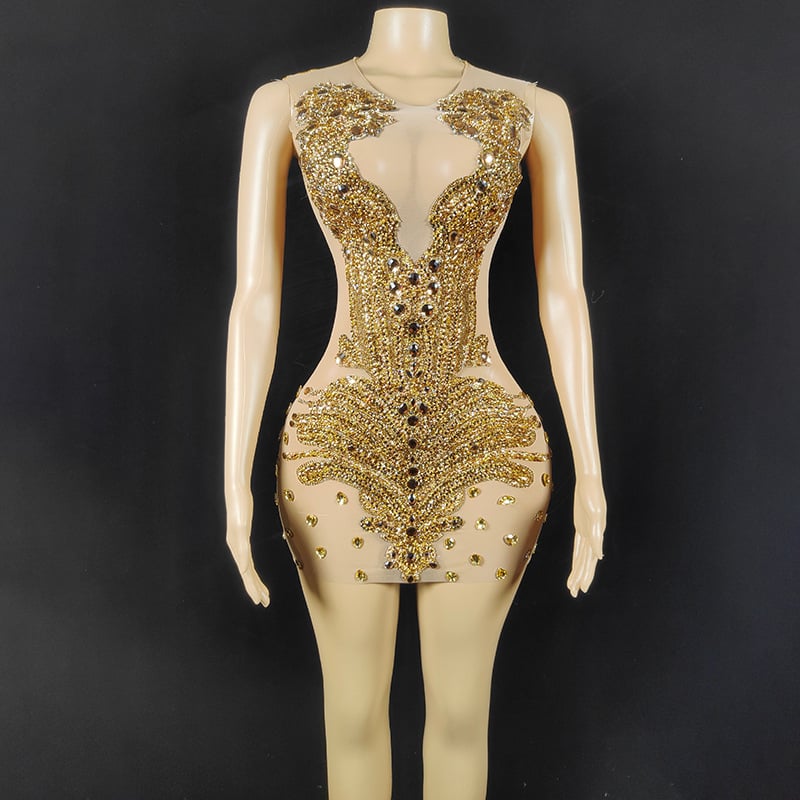 Solid Color Sheer Rhinestone Fitted Dress
