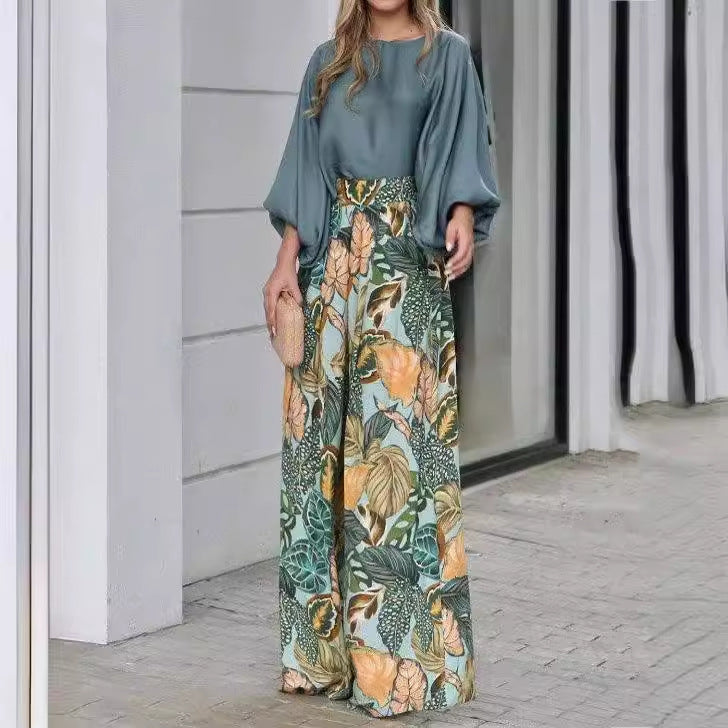Summer Women's Outfit with Lantern Sleeves and Wide Leg Pants