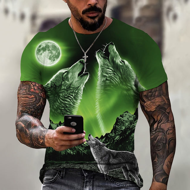 Men's Casual Short Sleeve T-Shirt with Wolf Pattern