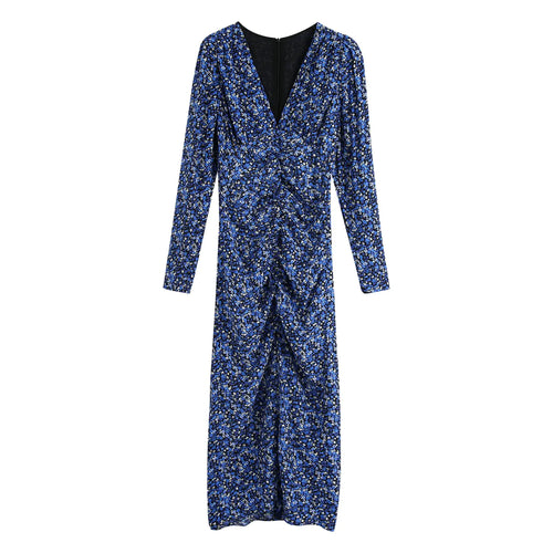 Printed V-neck Long-sleeved Dress for Women