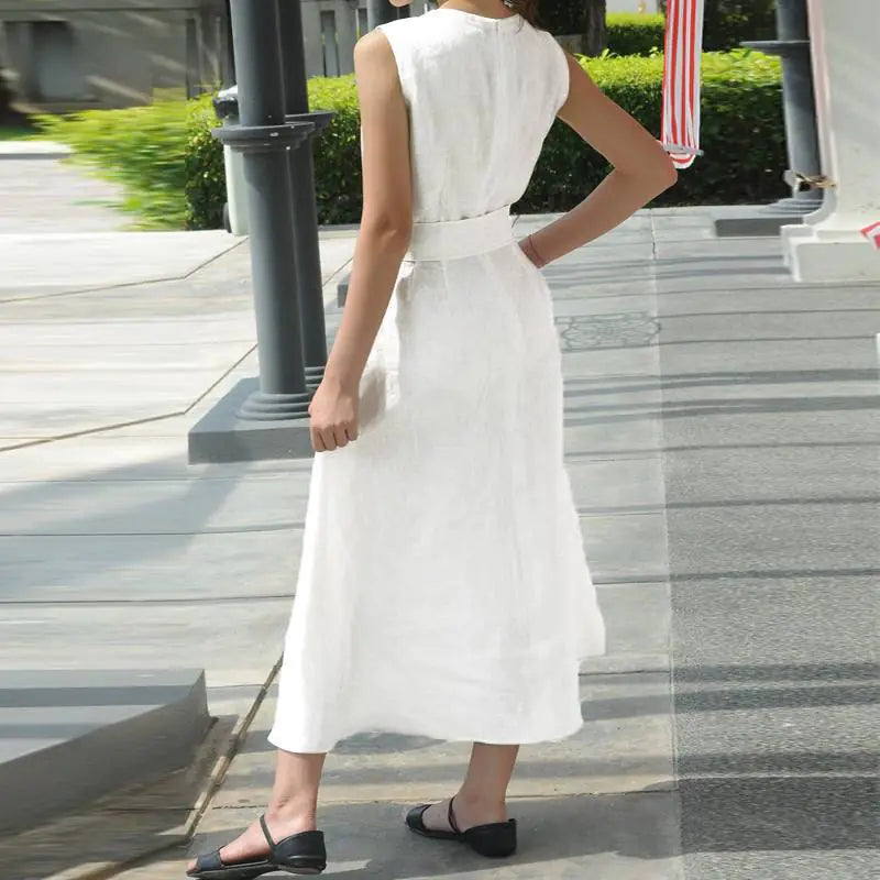 V-Neck Belted Cotton Dress with Side Slits (Sleeveless)