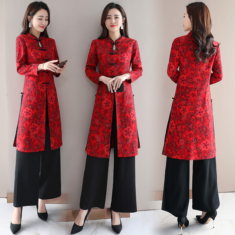 Chinese Style Improved Ao Dai Dress with Wide Leg Pants Set
