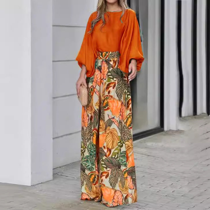 Summer Women's Outfit with Lantern Sleeves and Wide Leg Pants
