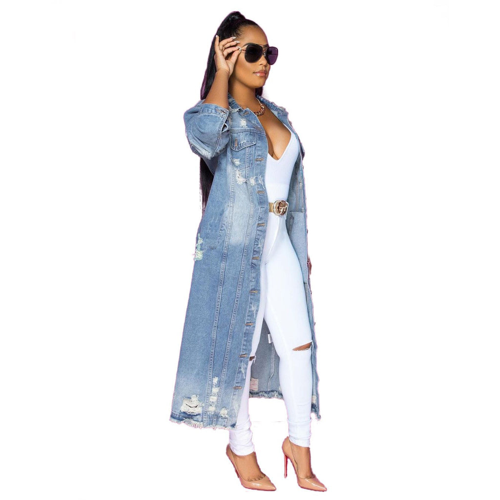 Women's Blue Ripped Denim Jacket - Loose Fit, Long Sleeve