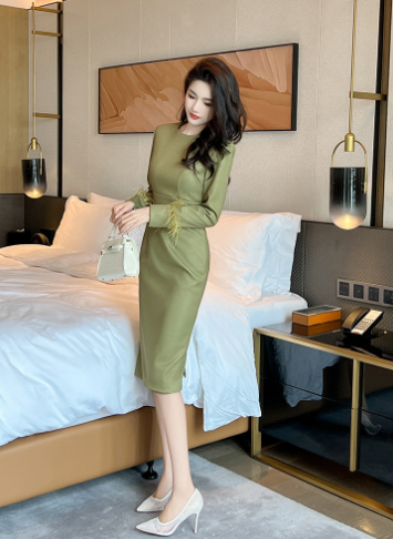 Mustard Green Slim Fit Slimming Dress