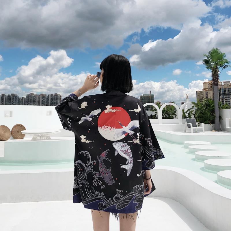 Summer Chinese Style Fish Print Sun Protection Kimono Set