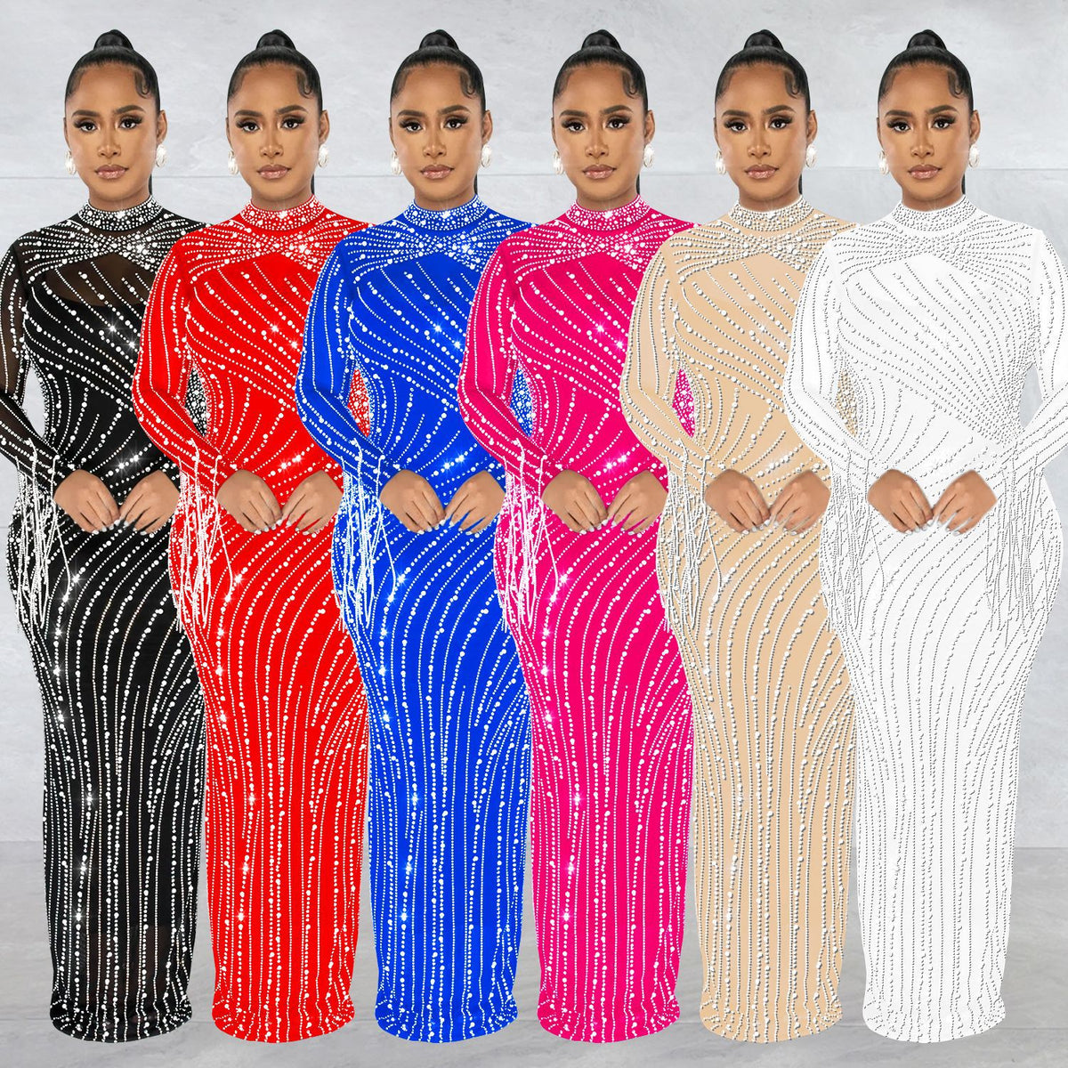 Women's Rhinestone Mesh Long Sleeve Dress Set