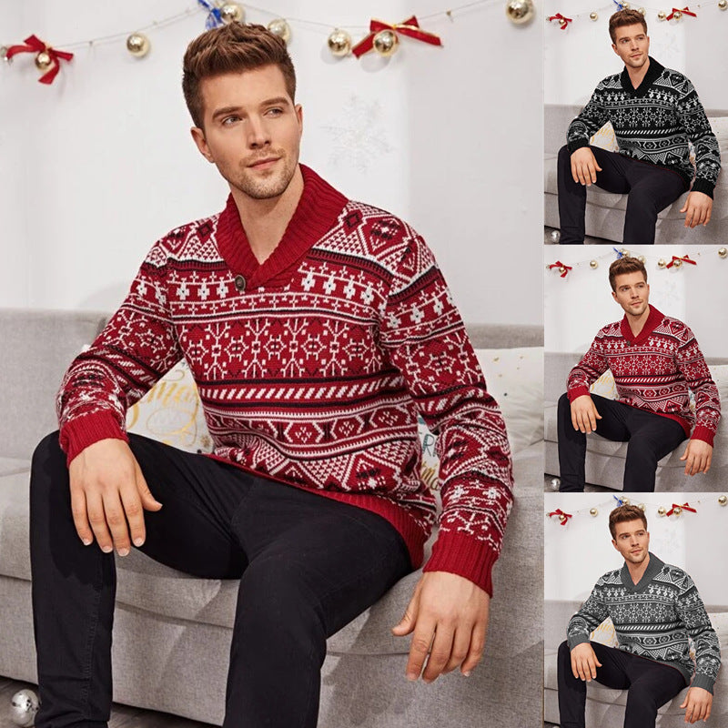 Men's Knit Christmas Elk Lapel Sweater Pullover 2021