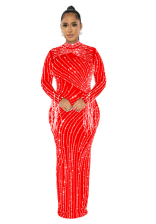 Women's Rhinestone Mesh Long Sleeve Dress Set