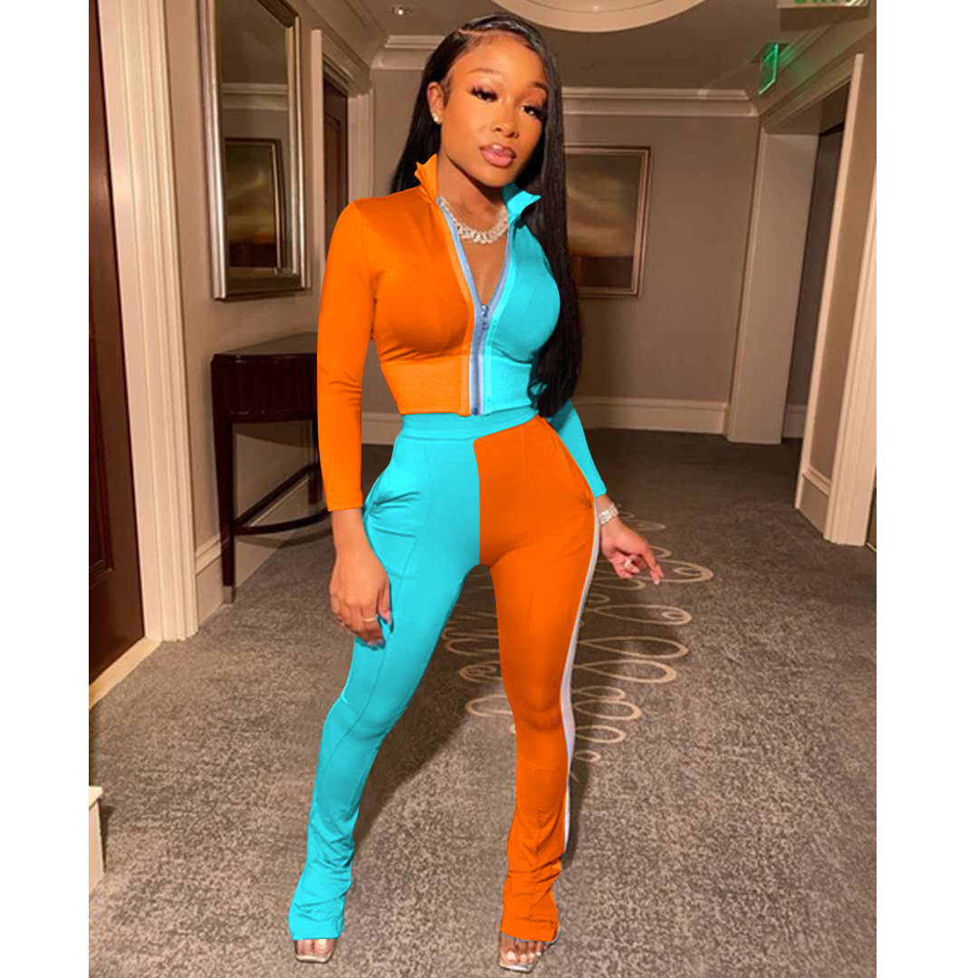 Fashionable Color-Blocked Sports Two-Piece Set for Women