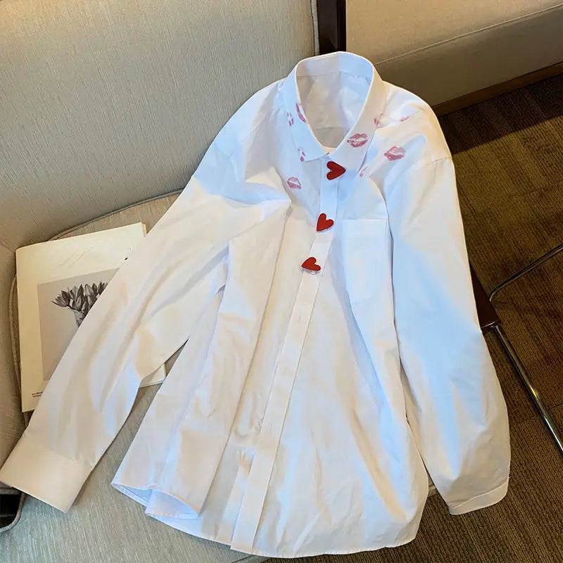 Korean Casual White Long Sleeve Shirt with Heart Print