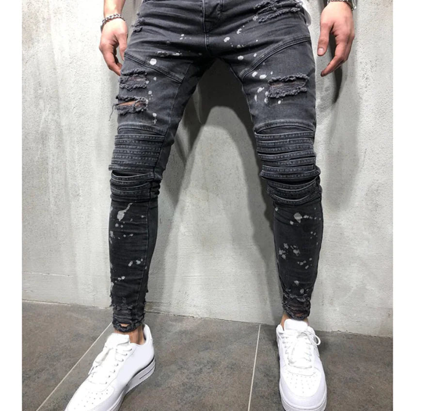 Men's Zippered Ripped Knee Slim Fit Motorcycle Jeans