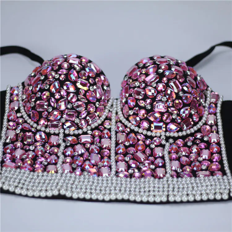Beaded Crop Top with Rhinestone Straps