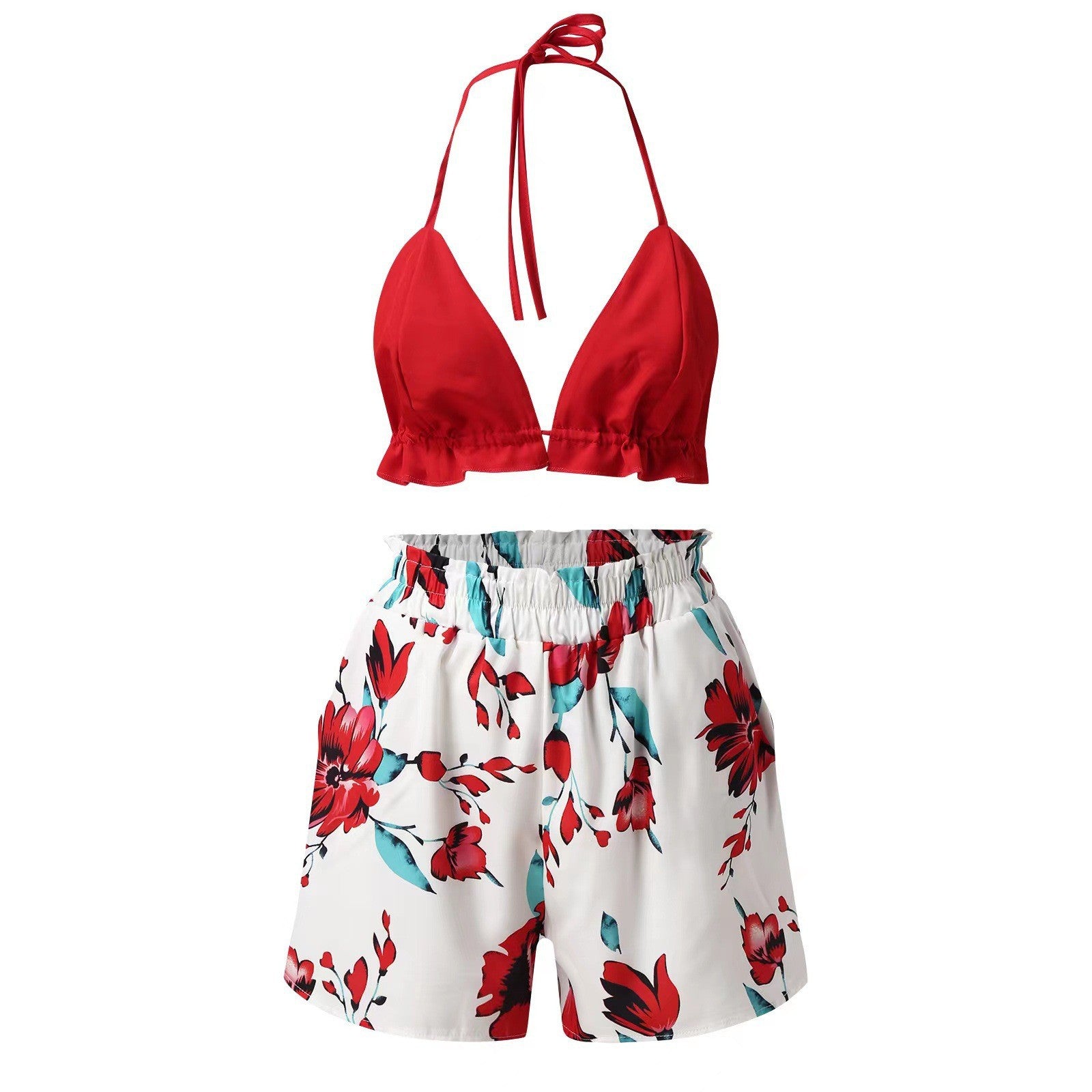 Tropical Print Lantern Sleeve Shirt and Shorts Set