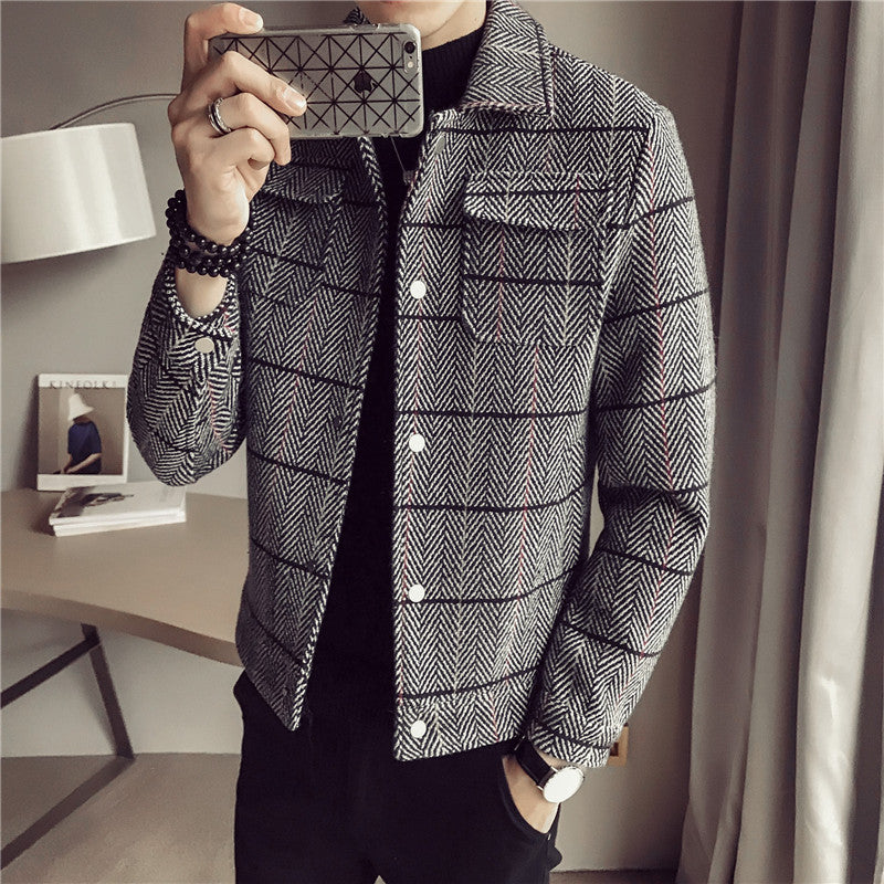 Korean Style Striped Woolen Jacket for Slim Fit