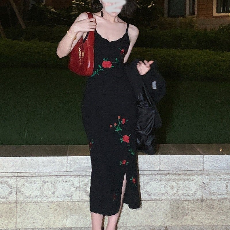 Black Slim Knitted Strap Split Dress for Women
