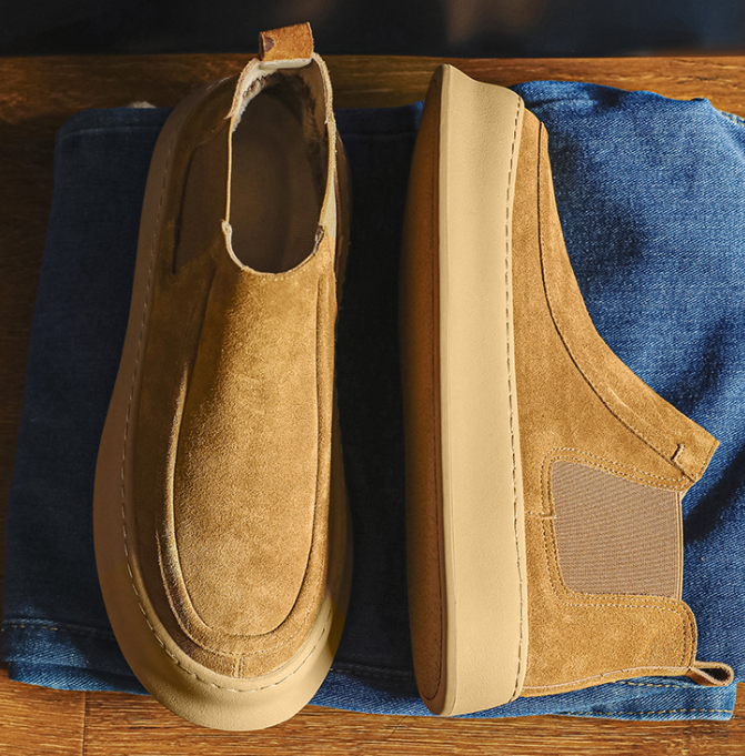 Beige Leather Round Toe Martin Short Boots