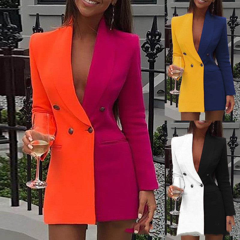 2020 Color Block OL Career V-Neck Blazer Dress