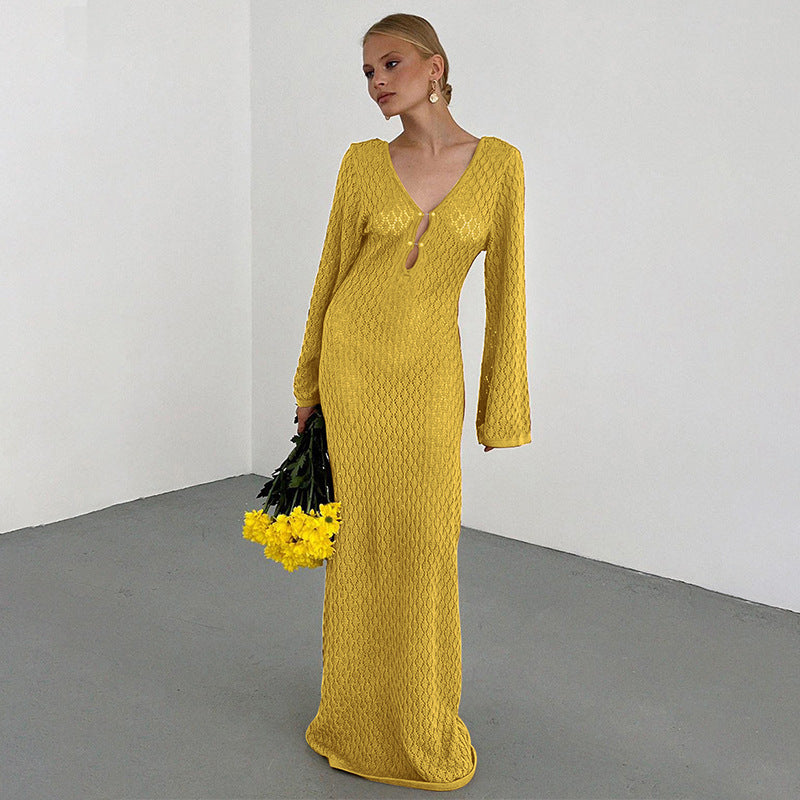 Summer Women's Solid Color Knitted Beach Cover-Up Dress