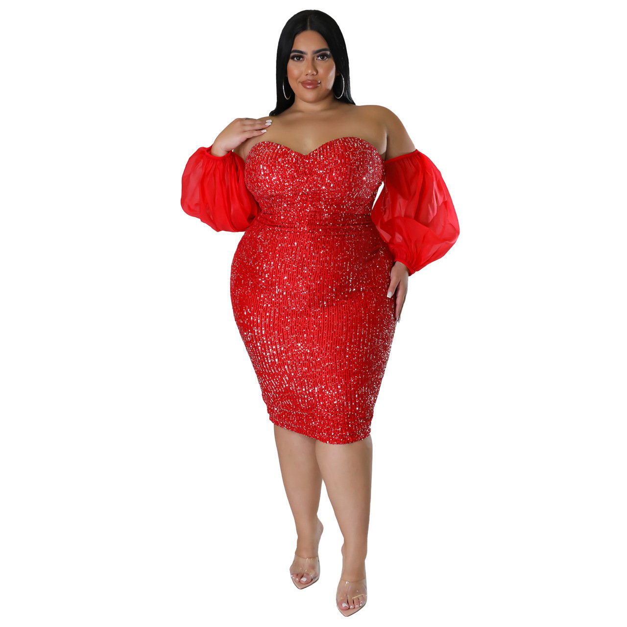Solid Color Tube Top Mesh Evening Dress (Tight Fit)