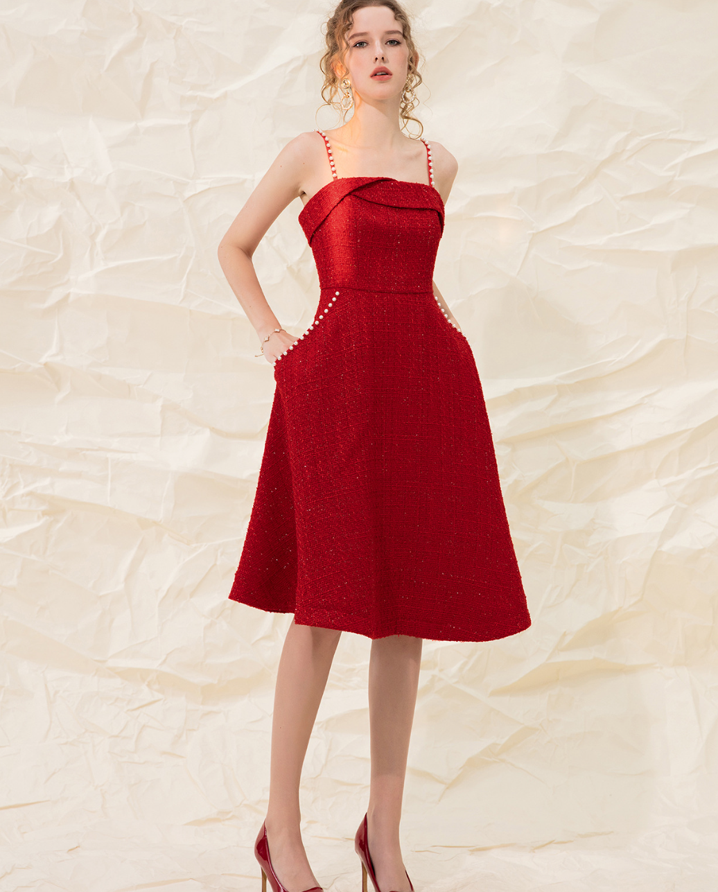 Retro Pearl Sling Tweed Dress for Women