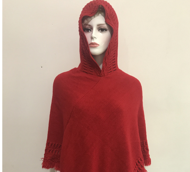 Hooded Solid Color Fringe Cape Shawl