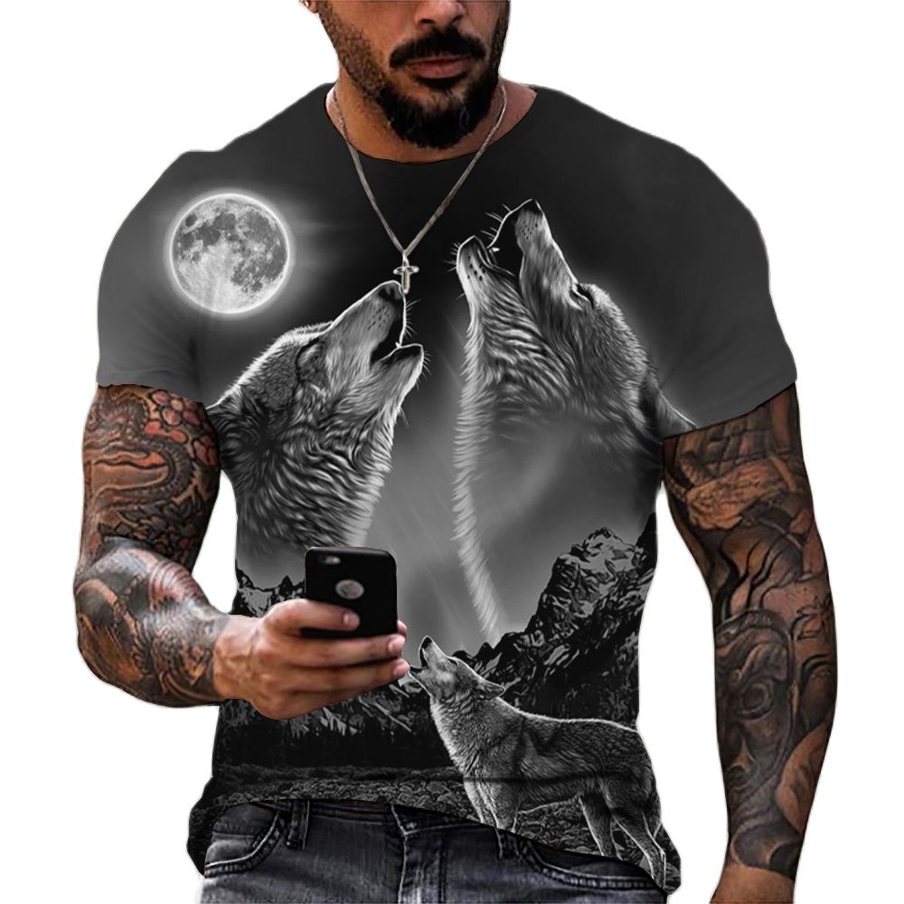 Men's Casual Short Sleeve T-Shirt with Wolf Pattern
