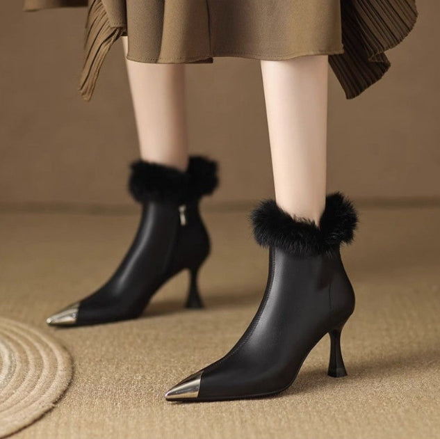 Winter Velvet Women's Pointed-Toe High Heels Ankle Boots