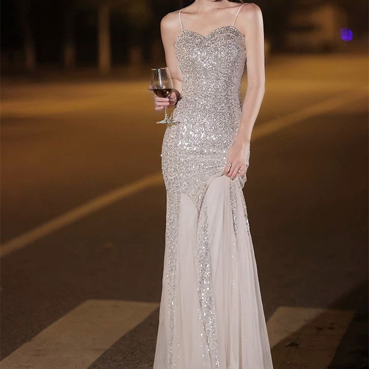Elegant Silver Sequined Fishtail Evening Dress