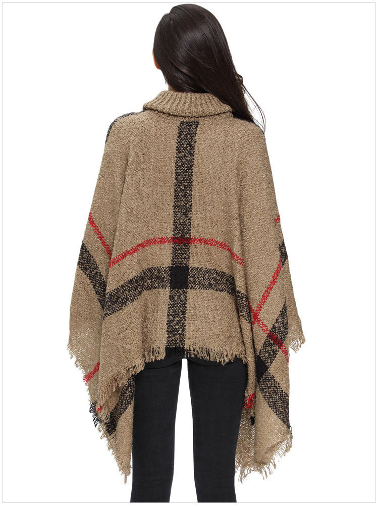 Knit Sweater with Turtleneck and Fringe Cape Design