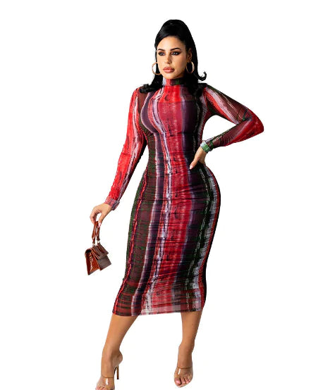Printed Long-Sleeved Midi Dress for Women