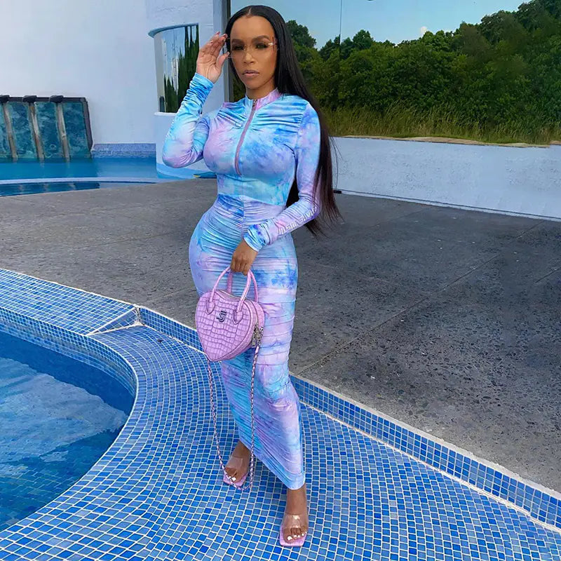 Autumn Digital Print Long Sleeve Bodycon Dress for Women