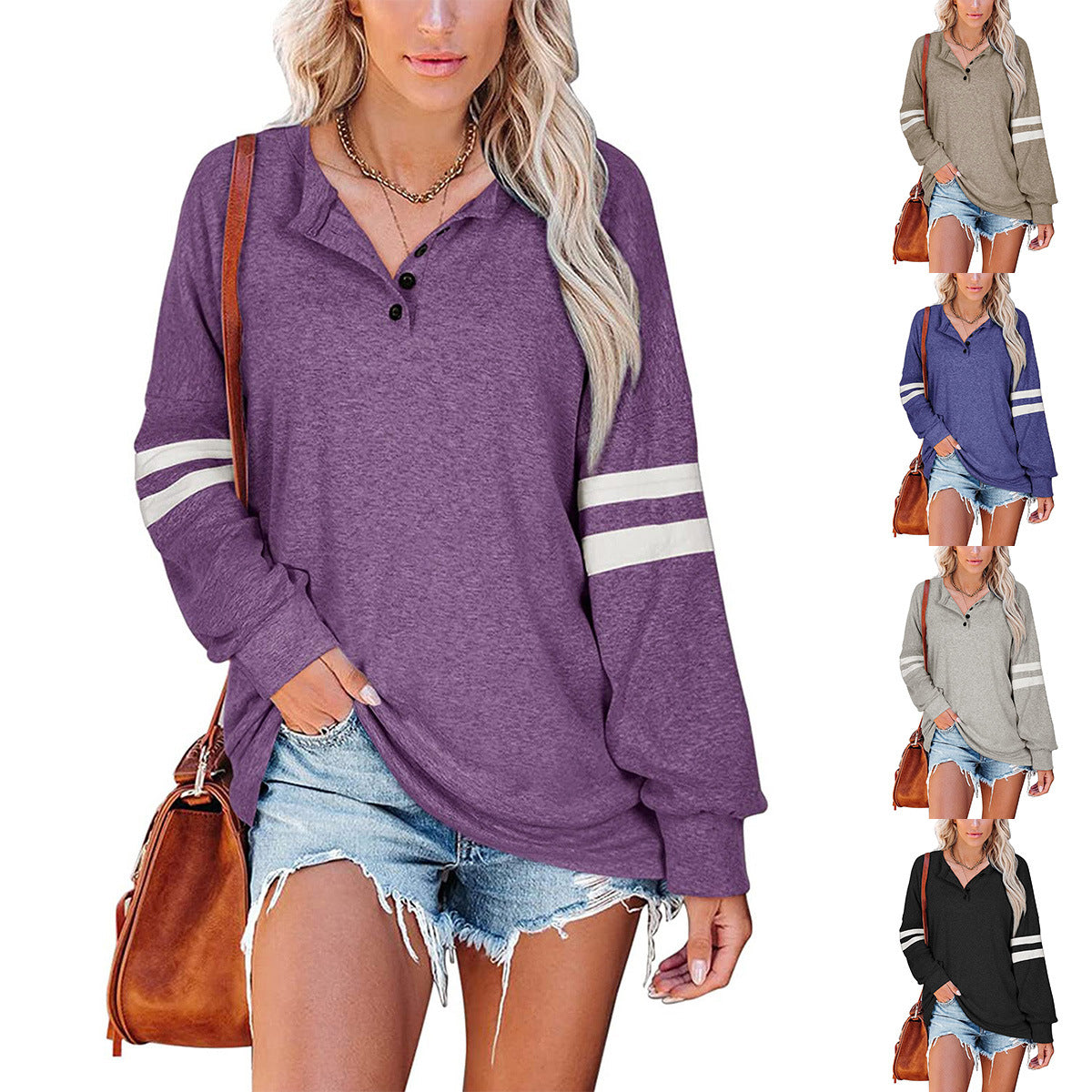 Striped Long-Sleeved V-Neck T-Shirt Sweater for Women
