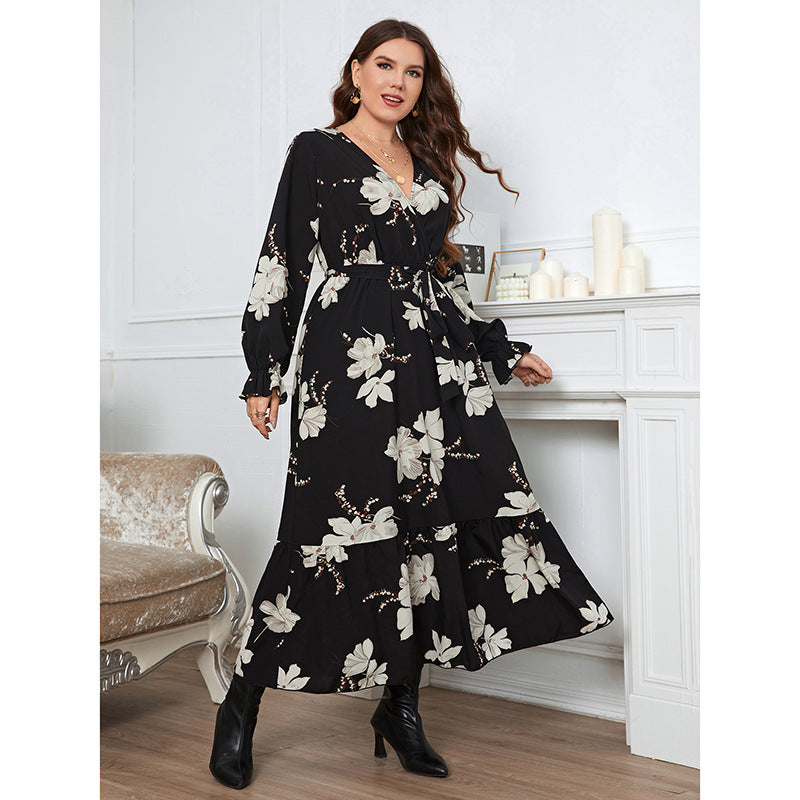 LR151 Long Floral Print Dress with Lily Design